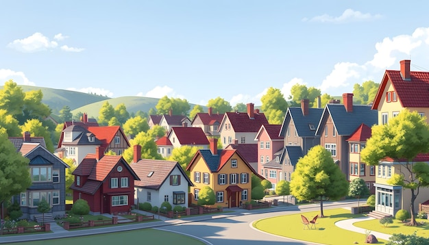 Small town tiny village view row of residential houses beautiful neighborhood isolated with