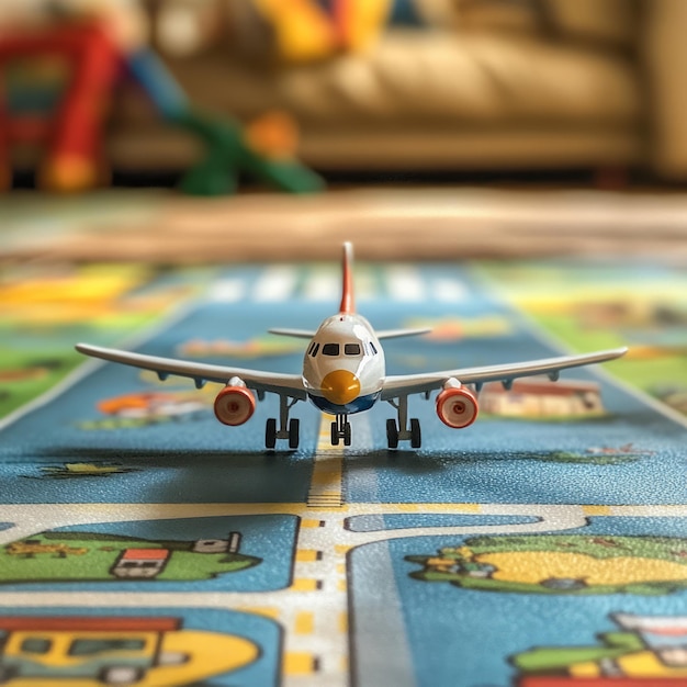 A small toy airplane sits on a play mat with a blurry background