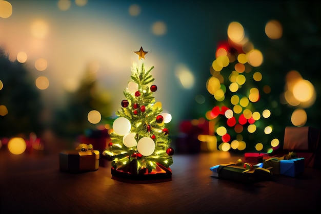 Small toy Christmas tree and small gift boxes on a wooden table with other blurry christmas trees on background