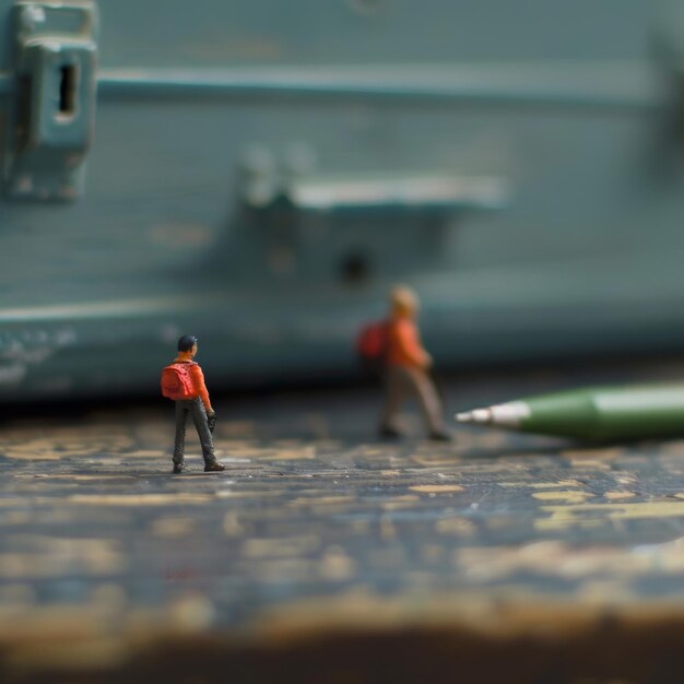 Photo a small toy figure is on a table with a green pen