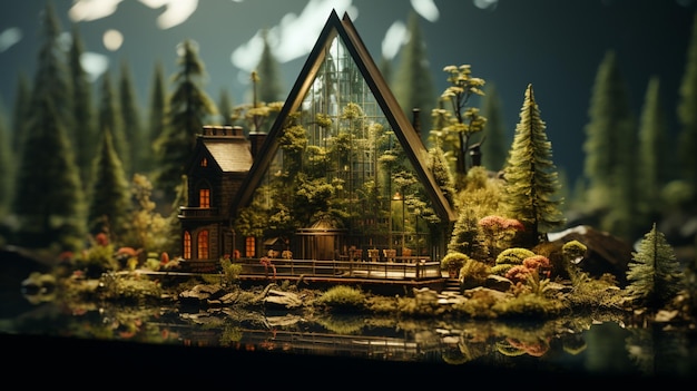 Small toy house under the glass with moss and grass around Generative AI