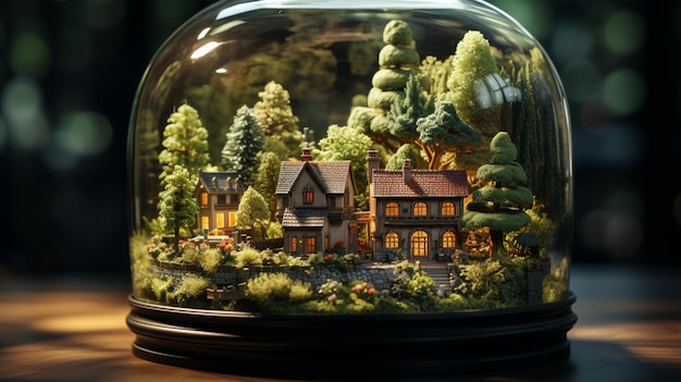 Small toy house under the glass with moss and grass around Generative AI