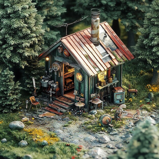 Photo a small toy house with a rusty roof sits in a forest