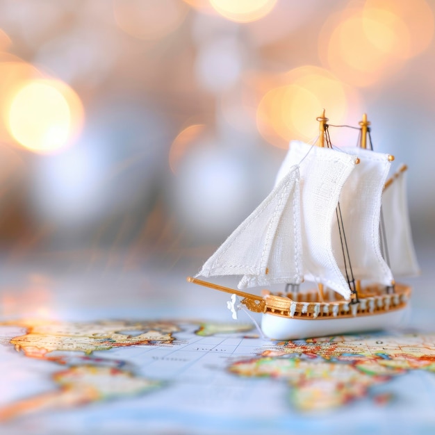 Photo a small toy sailing ship on top of an old world map symbolizing the journey and adventure representing global travel or business adventures