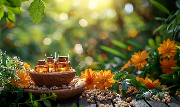 a small toy ship sits on a wooden table with flowers and a bottle of perfume