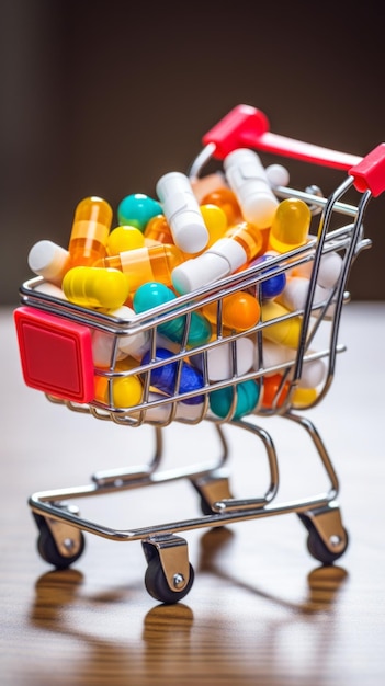 A small toy shopping cart full of colorful pills and capsules on the table Pharmaceuticals vitamins food additives antibiotics home delivery of medicines concepts