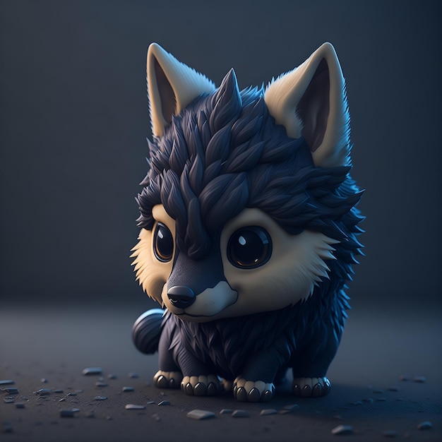 A small toy wolf with black fur and a blue background.