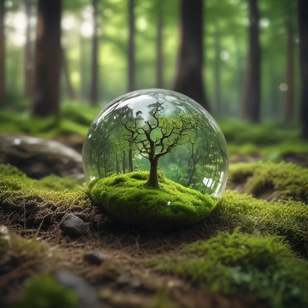 a small tree in a bubble with moss on it