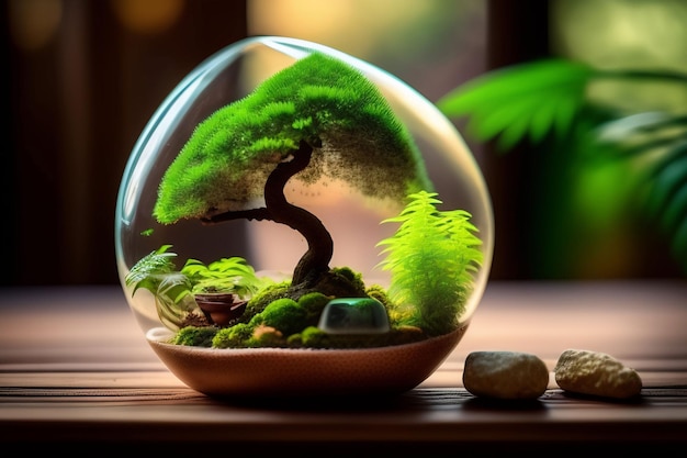 A small tree in a glass jar with rocks on the table