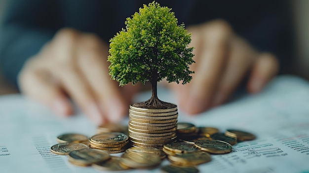 A small tree growing on a stack of coins with a blurred out person39s hands in the background