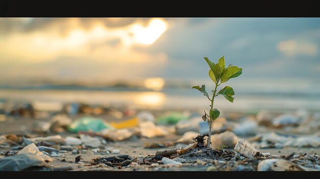 a small tree grows in the middle of a pile of rubbish washed up on the beach