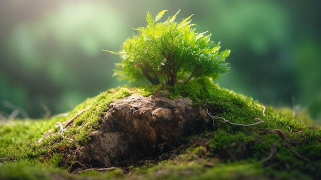 A small tree on a mossy rock with a green background.