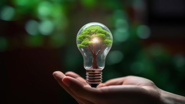 A small tree planted in an energysaving light bulb holding by a hand green energy Generative AI