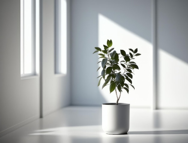 A small tree sits in a white pot on a table in front of a window.