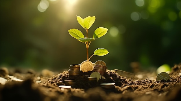 A small tree a sprout growing from money coins the concept of saving money and financial growth Generate Ai