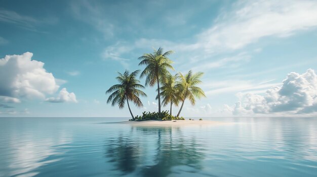 A small tropical island with palm trees surrounded by a calm blue ocean and fluffy clouds in a clear sky