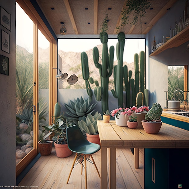 A small tropical villa featuring a dining area and cactus plant