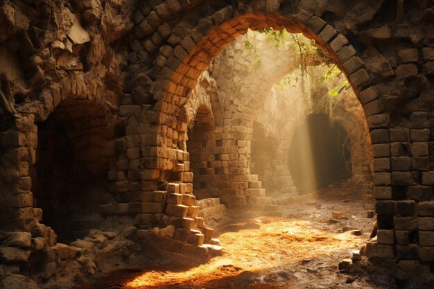 Small tunnel with stone brick walls create passages between the walls of the ruins