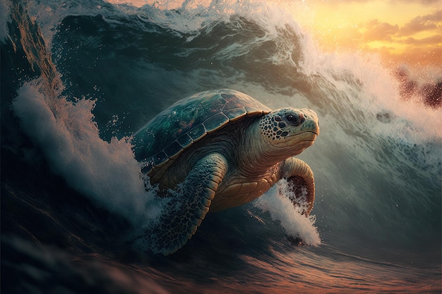 A small turtle floating on the crest of a wave Wildlife exotic animals pets natural lighting beautiful view high resolution art generative artificial intelligence