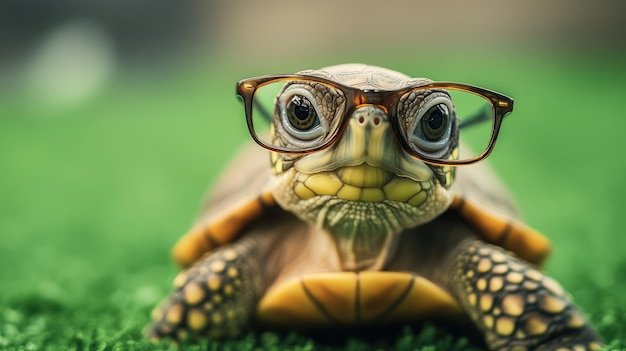 Photo a small turtle wearing glasses looking directly at the camera