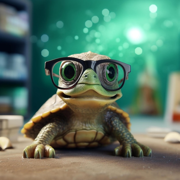 a small turtle wearing glasses on top of a table AI generated