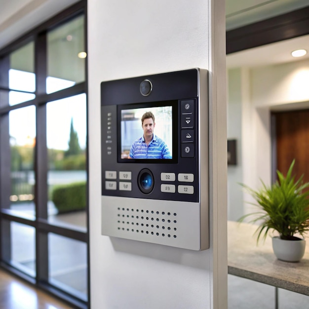 Photo a small tv mounted on a wall with a man on the screen