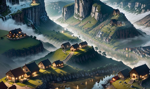 Small village community settlement town in the hills anime landscape background wall art scifi print fantasy Generative AI