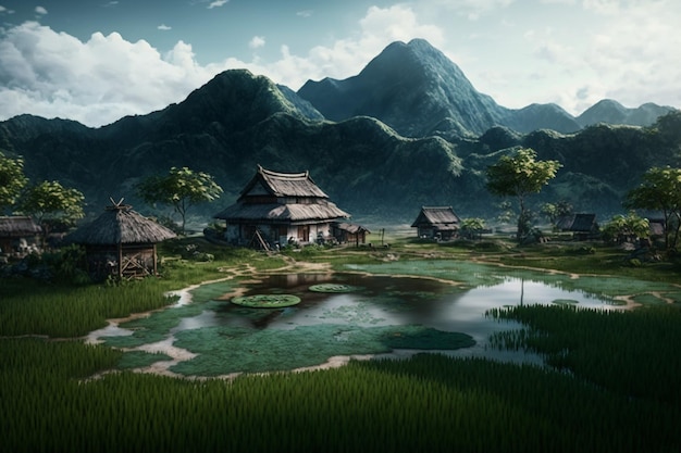 A small village in front of a large mountain a painting of a rice field with mountains in the background Generative AI