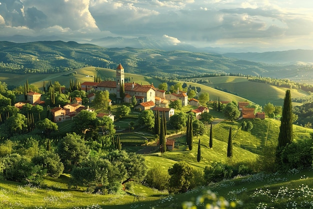 a small village on a hill with a church on the top