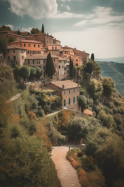 A small village on a hill with a cloudy sky in the background