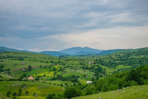 A small village is located among the hills.