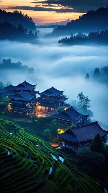 a small village in the middle of a foggy valley