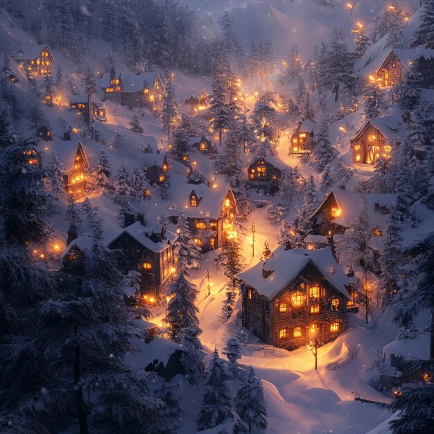 Photo a small village nestled in a snowcovered forest with warm glowing lights from windows