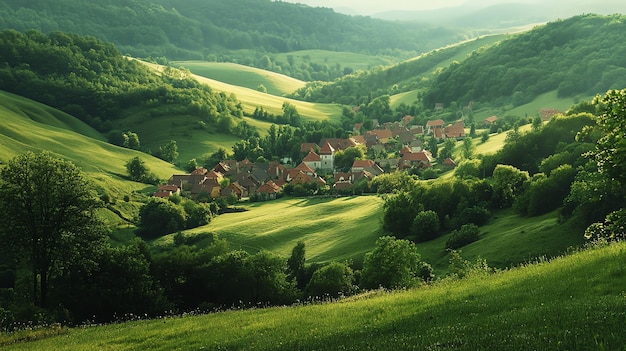 A small village nestled in a valley surrounded by rolling hills and lush green forest