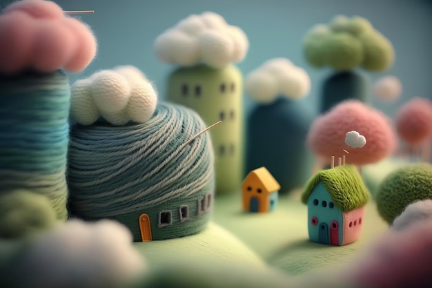 A small village with a ball of yarn and a house on it.