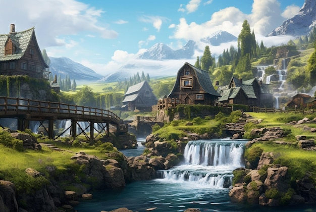 a small village with a beautiful waterfall generative ai