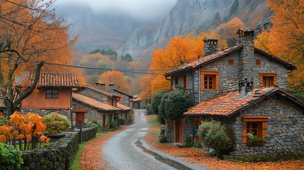 Photo a small village with a mountain in the background