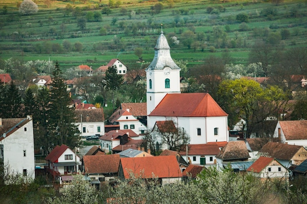 Photo a small village with a red roof and a church in the center.