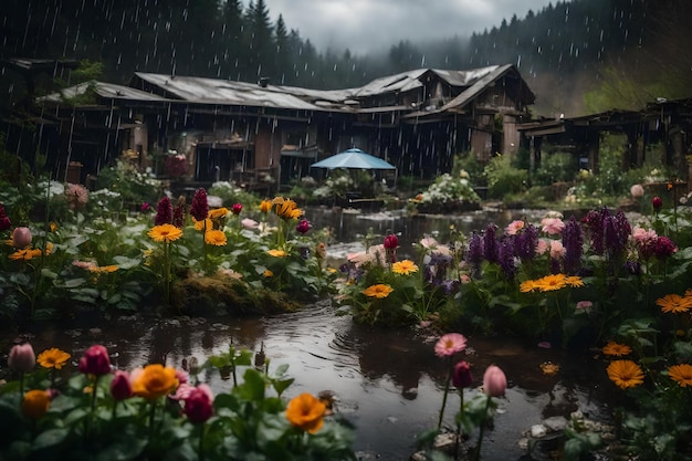 a small village with a small pond and flowers in the foreground