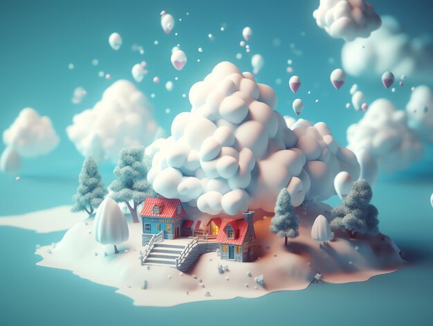 A small village with a snowy landscape and a snowy landscape