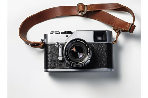 Photo small vintage analog photo camera with black leather strip isolated design element perfect