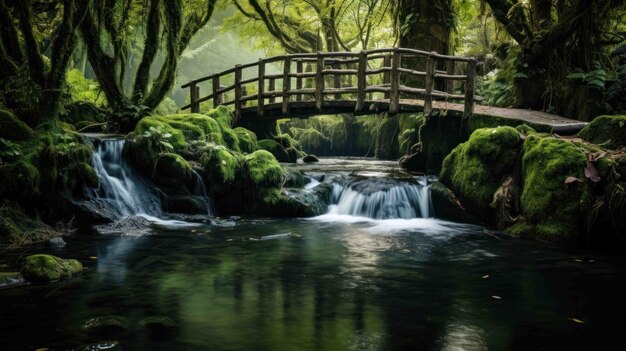 small waterfall cascading into a tranquil lagoon surrounded by mossy rocks and lush greenery