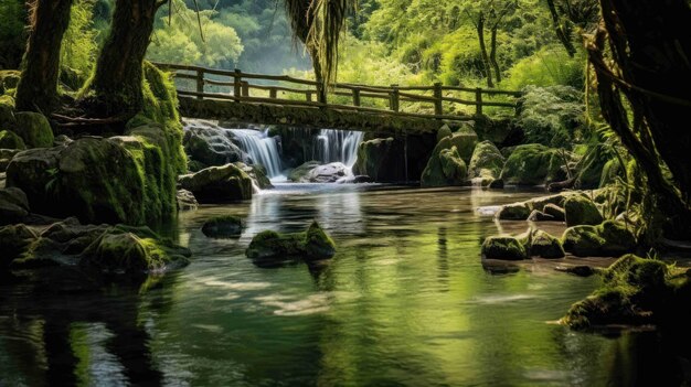 small waterfall cascading into a tranquil lagoon surrounded by mossy rocks and lush greenery