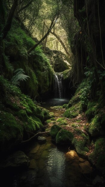 A small waterfall in a dark forest