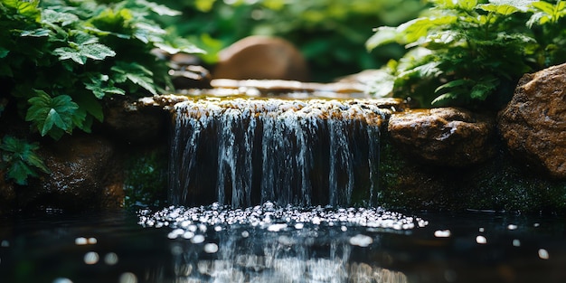 Photo small waterfall flowing into a still pond with green leaves and moss covered rocks surrounding it