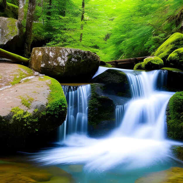 A small waterfall in a forest with moss on the rocks