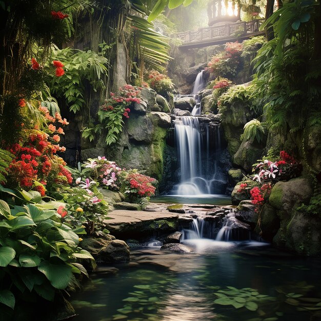 A small waterfall in a garden full of colorful flowers and plants