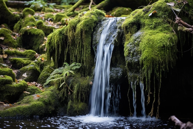 Small waterfall pouring over mosscovered rocks