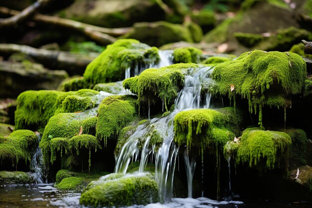 Photo small waterfall pouring over mosscovered rocks