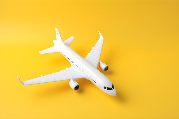 A small white airplane is on a yellow background